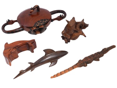 LOT OF FIVE VINTAGE CARVED WOODEN ANIMAL PIECES
