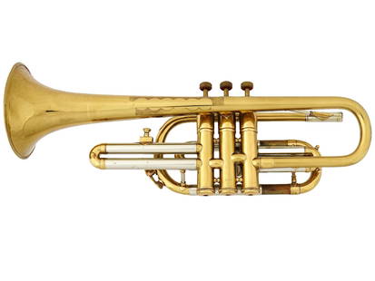 VINTAGE ENGLISH GILT BRASS CORNET BY OXFORD W CASE: A vintage English gilt brass cornet by Oxford with a case. The fine musical instrument is numbered 12317 on the body. Marked with engraved mark Oxford, Made in England. Included H. N. White Co. mouthp