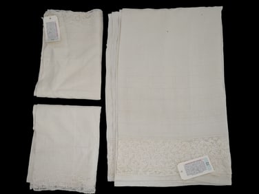 SET OF ANTIQUE BED CLOTHES W FLORAL LACE TRIM 20TH C