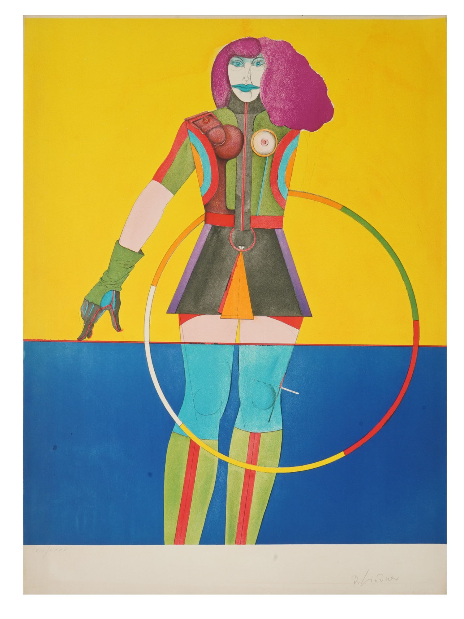 RICHARD LINDNER GERMAN AMERICAN COLOR LITHOGRAPH: Color lithograph on paper by Richard Lindner, 1901 to 1978, a German-American Surrealist artist and illustrator who worked for Vogue and Harpers Bazaar. He became known for erotic and enigmatic render