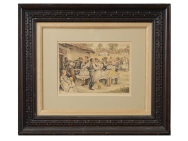 HUNGARIAN COLORED ETCHING DANCING SCENE SIGNED