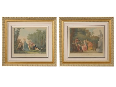 PAIR EUROPEAN MUSIC SCENES COLOR ENGRAVINGS FRAMED