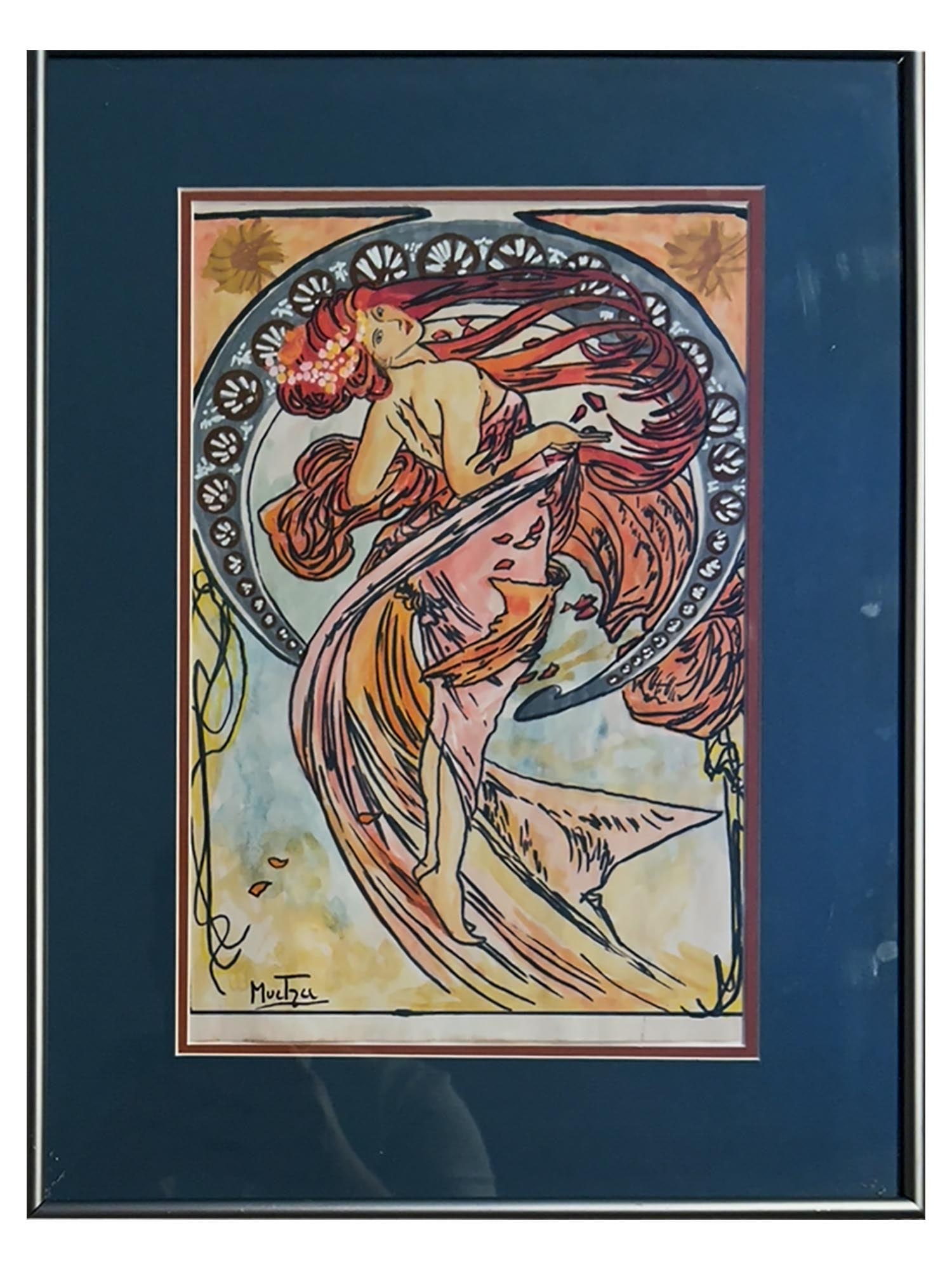 AFTER ALPHONSE MUCHA ART NOUVEAU MIXED MEDIA PAINTING: Mixed media painting on paper. After the 1898 artwork titled Danse by Alphonse Mucha, 1860 to 1939, a Czech Art Nouveau artist. Signed in the lower left. Matted and framed. Mucha Central Gallery Stamp