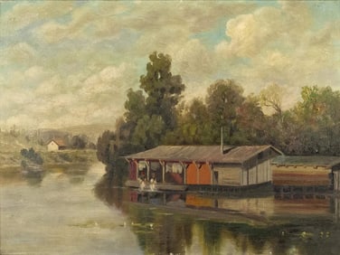 ANTIQUE 19TH C AMERICAN SCHOOL OIL PAINTING RIVER SCENE