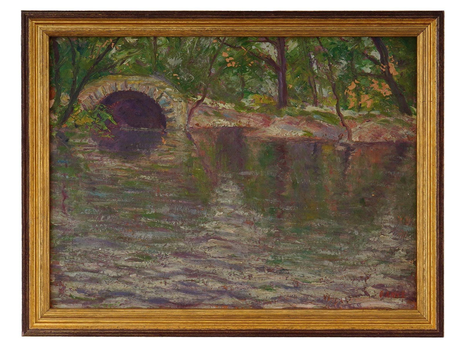 ODILO ALBERT NYS BELGIAN LANDSCAPE OIL PAINTING: Oil on board painting by Odilo Albert Nys, born 1884, a Belgian Impressionist artist. The lot represents a pond with a grotto. Signed by the artist in the lower right. Undated. Framed. Collectible Fin