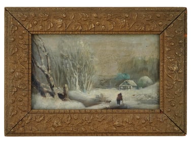 EUROPEAN SCHOOL RURAL WINTER LANDSCAPE OIL PAINTING