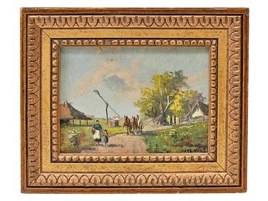 JOSEPH HARENCZ HUNGARIAN VILLAGE SCENE OIL PAINTING