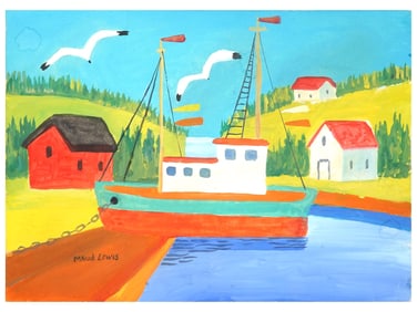 ATTR TO MAUD LEWIS CANADIAN SEASCAPE OIL PAINTING