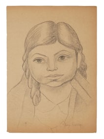 DIEGO RIVERA MANNER GIRL PORTRAIT CHARCOAL PAINTING