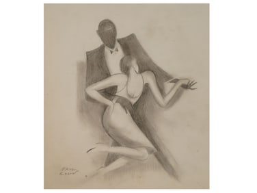 ART DECO SCENE PENCIL PAINTING SIGNED PAUL COLIN