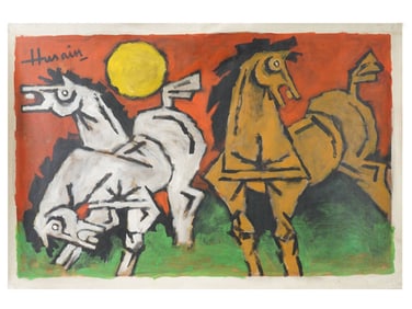 ATTR TO MF HUSAIN INDIAN ACRYLIC PAINTING HORSES