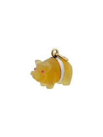 RUSSIAN 14K GOLD ENAMEL AGATE RUBY PIG EGG PENDANT