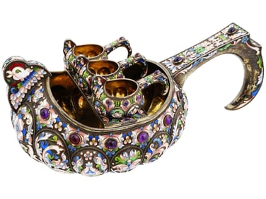 RUSSIAN SILVER ENAMEL GEMSTONE KOVSH LADLE SET
