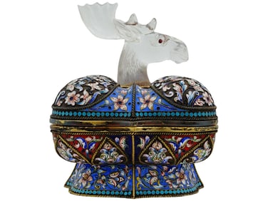 RUSSIAN SILVER CLOISONNE ENAMEL CRYSTAL MOOSE TEA CADDY