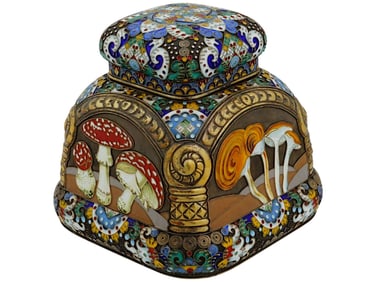 RUSSIAN SILVER CLOISONNE ENAMEL TEA CADDY W MUSHROOMS