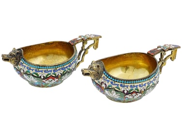 PAIR OF RUSSIAN GILT SILVER CLOISONNE ENAMEL KOVSHES