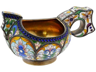 RUSSIAN 84 SILVER AND CLOISONNE ENAMEL KOVSH