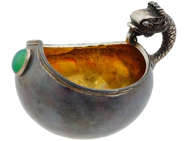 RUSSIAN 88 SILVER KOVSH W GEMSTONE AND FISH FIGURINE
