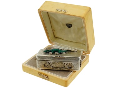 RUSSIAN 84 SILVER ENAMEL PILLBOX W LIZARD FIGURINE