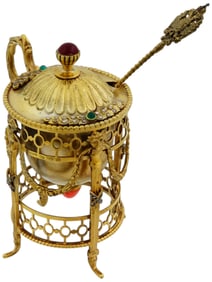 RUSSIAN SILVER MUSTARD JAR W ROSE DIAMONDS AND SPOON