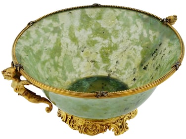 RUSSIAN 84 GILT SILVER CARVED JADE BOWL W DIAMONDS