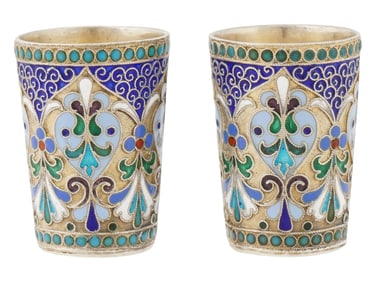 PAIR OF RUSSIAN 84 SILVER AND ENAMEL VODKA CUPS