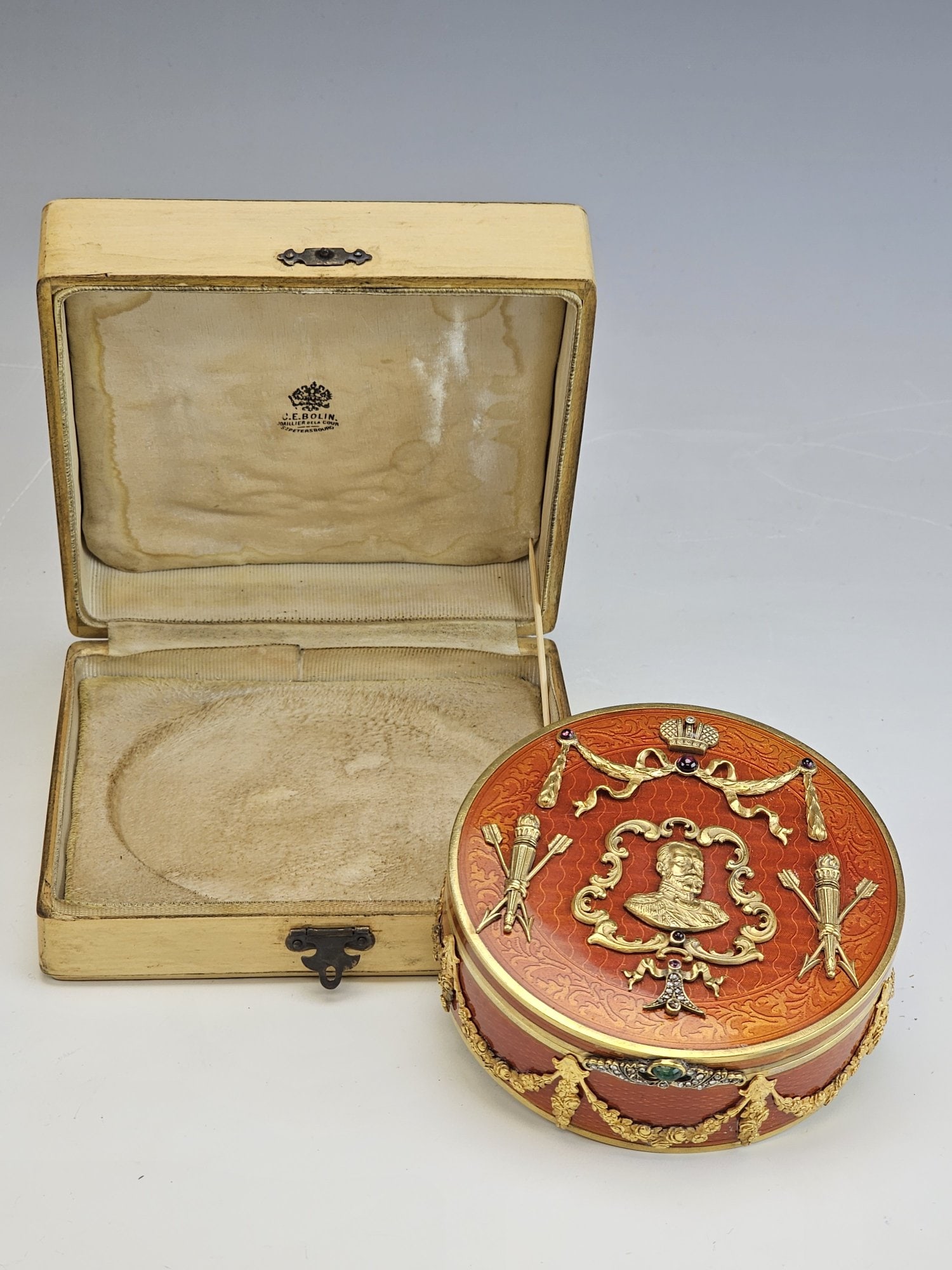 LARGE RUSSIAN GILT SILVER GUILLOCHE ENAMEL DIAMONDS BOX (1 of 9)