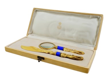 RUSSIAN SILVER ENAMEL OPENER MAGNIFYING GLASS SET IOB