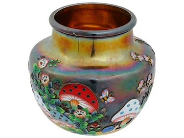 MUSHROOM DESIGN STERLING SILVER AND ENAMEL VASE