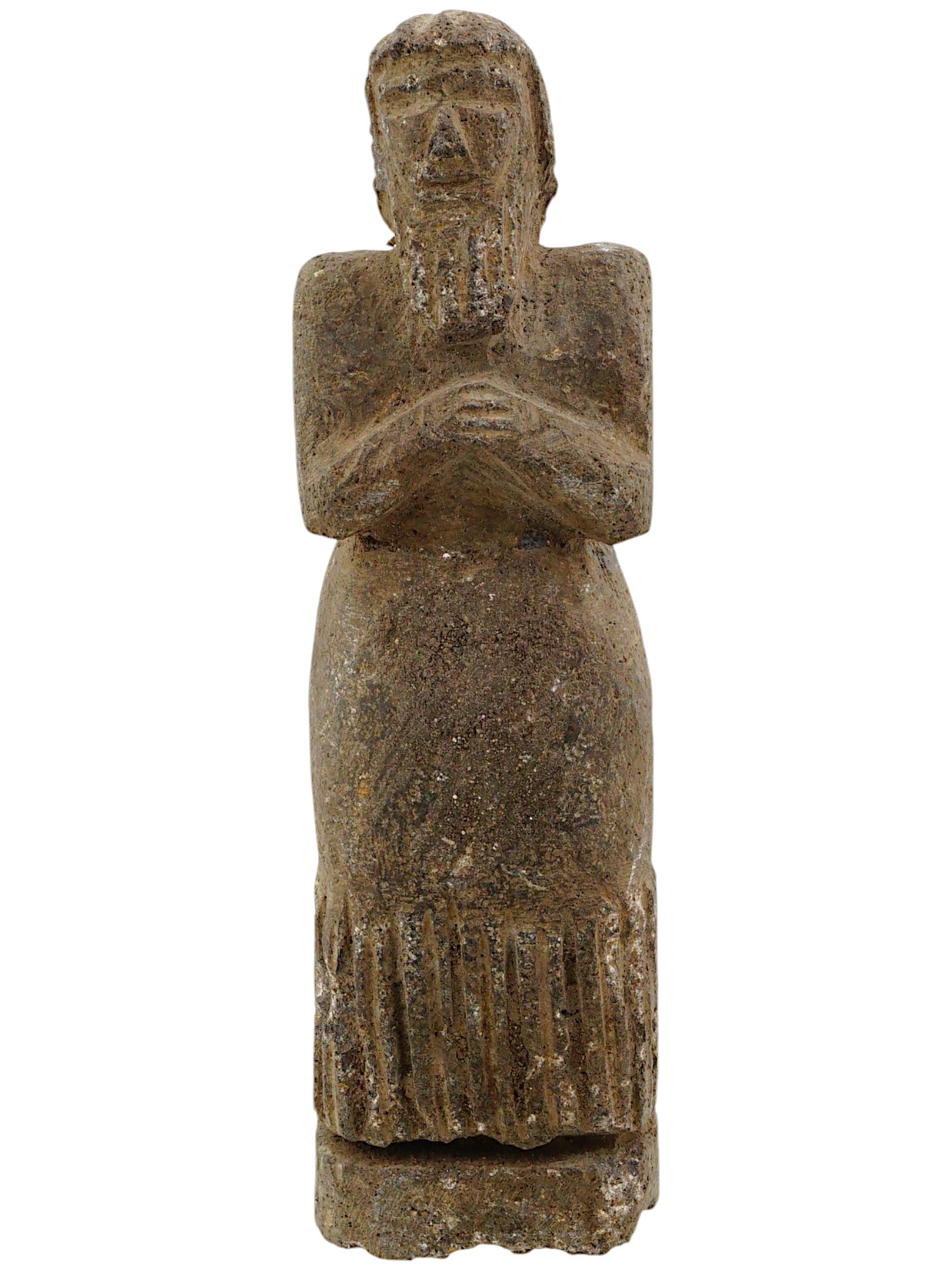 BRONZE AGE SUMERIAN MANNER TEMPLE FIGURINE LIMESTONE: A Bronze Age Sumerian manner terracotta pottery votive temple figurine. The male figure formed from a hollow conical body bearing incised embellishment depicting clothing, with integral head and cross
