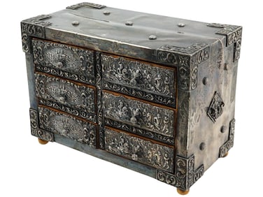 ANTIQUE SPANISH SILVER MOUNTED WOOD CABINET