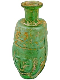 ANCIENT ROMAN EGYPTIAN GREEN GLASS BOTTLE WITH FACE