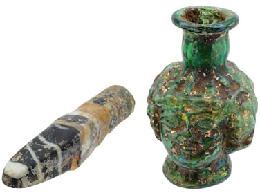 ANCIENT ROMAN GLASS AMULET AND DOUBLE FACE BOTTLE