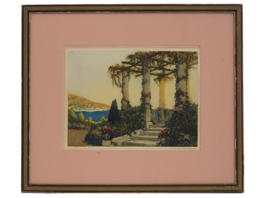 ITALIAN LANDSCAPE COLOR ETCHING SIGNED W. HAMBRECHT