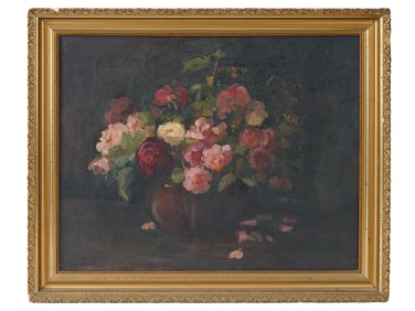 EUROPEAN SCHOOL FLORAL STILL LIFE OIL PAINTING FRAMED