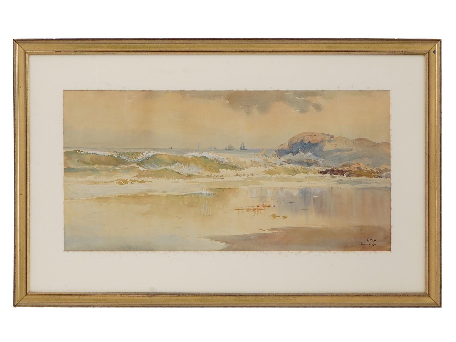 IMPRESSIONIST SEASCAPE WATERCOLOR PAINTING SIGNED: Watercolor on paper painting. American, early 20th century. The artwork depicts a sea view with sailing ship in the distance. Impressionist pictorial manner. Signed by the artist, ABH, and dated June 