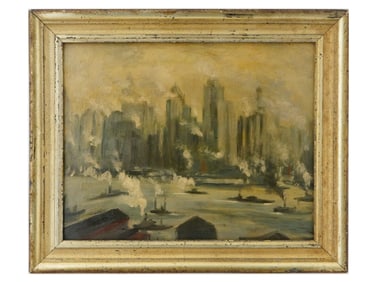 AMERICAN ASHCAN SCHOOL CITYSCAPE OIL PAINTING