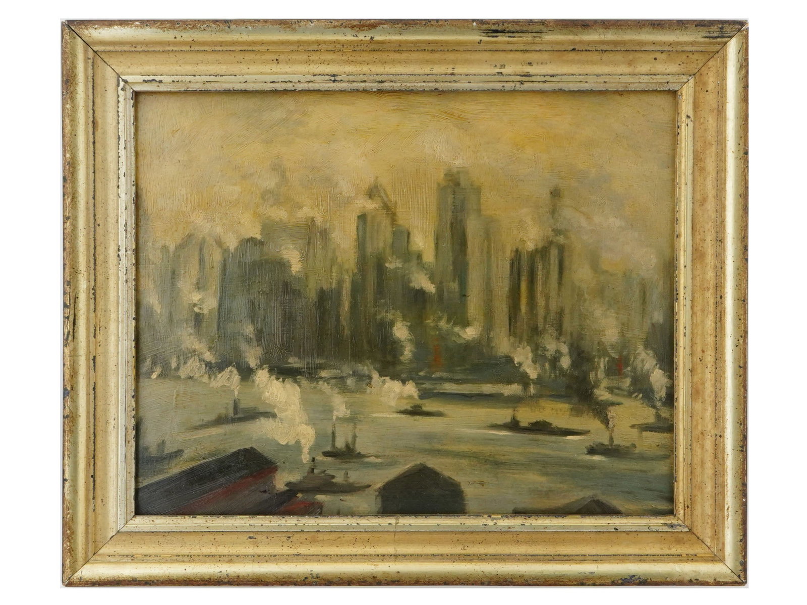 AMERICAN ASHCAN SCHOOL CITYSCAPE OIL PAINTING: Oil on board painting. American, Ashcan school, early 20th century. The artwork depicts a panorama of New York City with steamships. Unsigned. Framed. The Ashcan School was an artistic movement in the