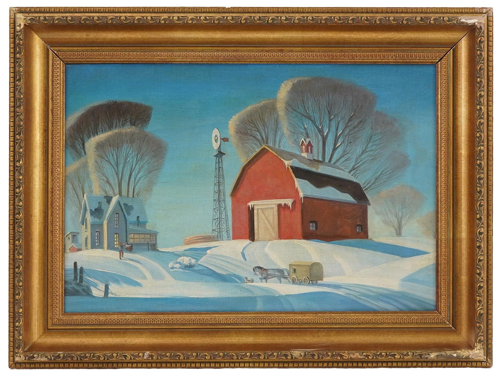 DALE NICHOLS MANNER AMERICAN FOLK ART OIL PAINTING: An oil painting on canvas depicting a rural winter scene. In the manner of Dale Nichols, 1904 to 1995, an American artist known for his rural landscapes. Unsigned. Framed. One of a kind artwork. Ameri