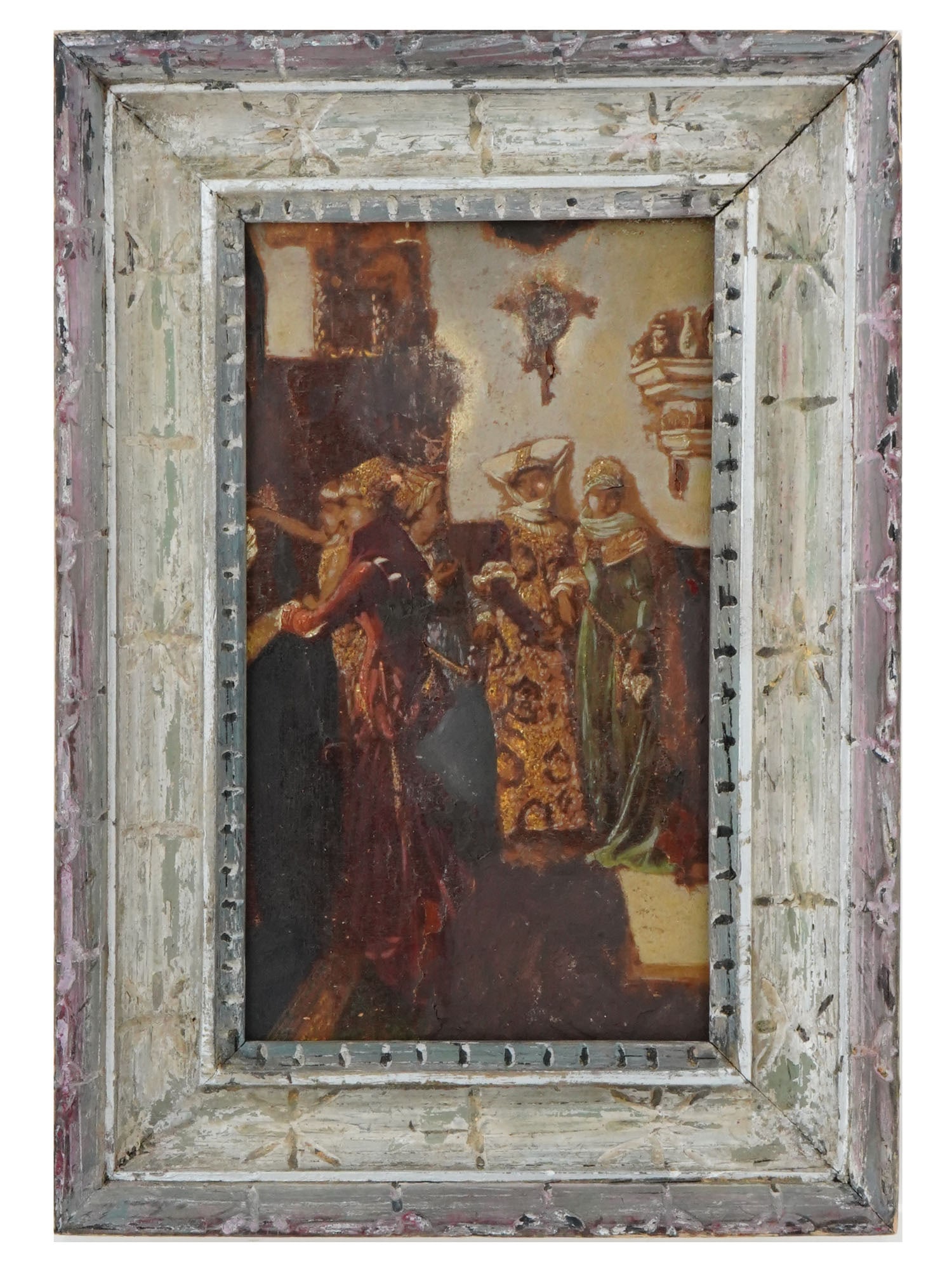 ANTIQUE 19TH C EUROPEAN SCHOOL OIL ON BOARD PAINTING: An antique European school oil painting on board by an unknown artist. The artwork shows a group of noble ladies and is possibly a preparatory sketch for a large painting with a historical subject. Th