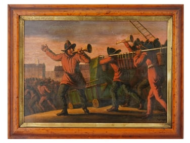 ANTIQUE AMERICAN OIL ON BOARD PAINTING FIREFIGHTERS