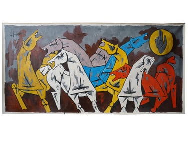 ATTR TO MF HUSAIN INDIAN ACRYLIC PAINTING WITH COA