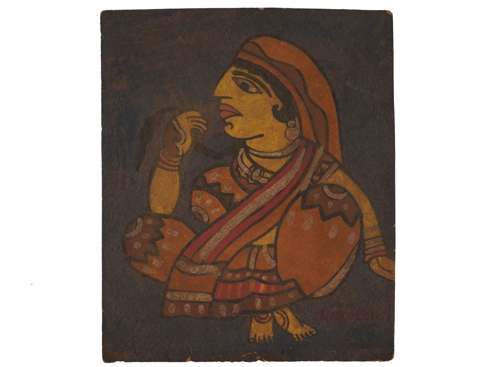 INDIAN PORTRAIT TEMPERA PAINTING SIGNED JAMINI ROY (1 of 4)