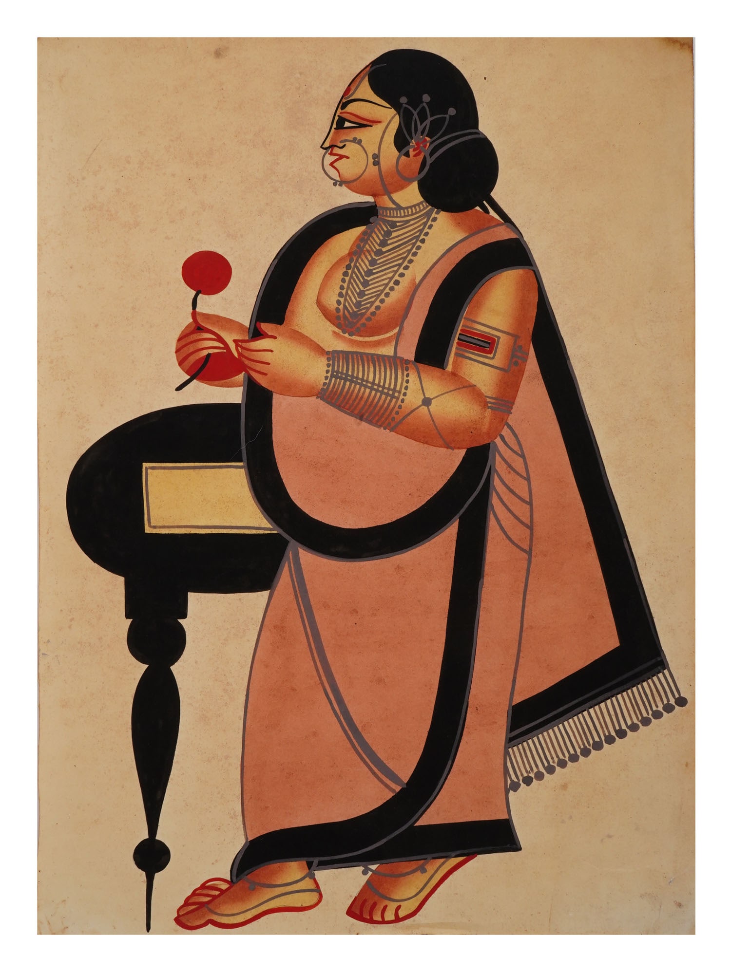 INDIAN KALIGHAT MANNER PORTRAIT WATERCOLOR PAINTING (1 of 3)