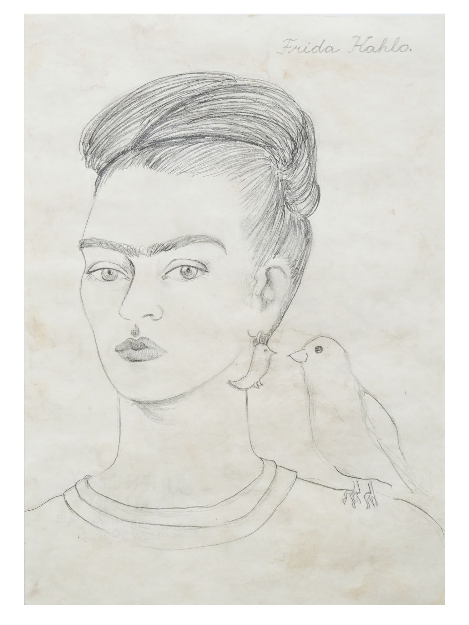 ATTR TO FRIDA KAHLO SELF PORTRAIT PENCIL PAINTING: Attributed to Frida Kahlo, American, Mexican, 1907 to 1954, pencil painting on paper, Self Portrait. Circa: 1935 to 1940. Signed upper right. Stamped with a gallery stamp, Julien Levy Gallery, New Yor