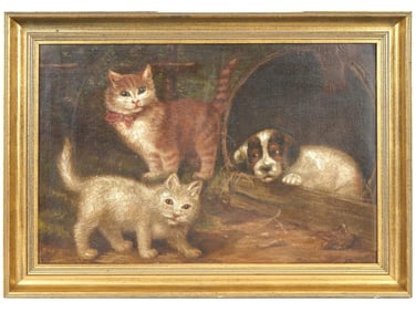 ANTIQUE OIL PAINTING OF A DOG AND CATS
