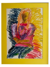 ATTR TO CY TWOMBLY AMERICAN PORTRAIT CRAYON PAINTING