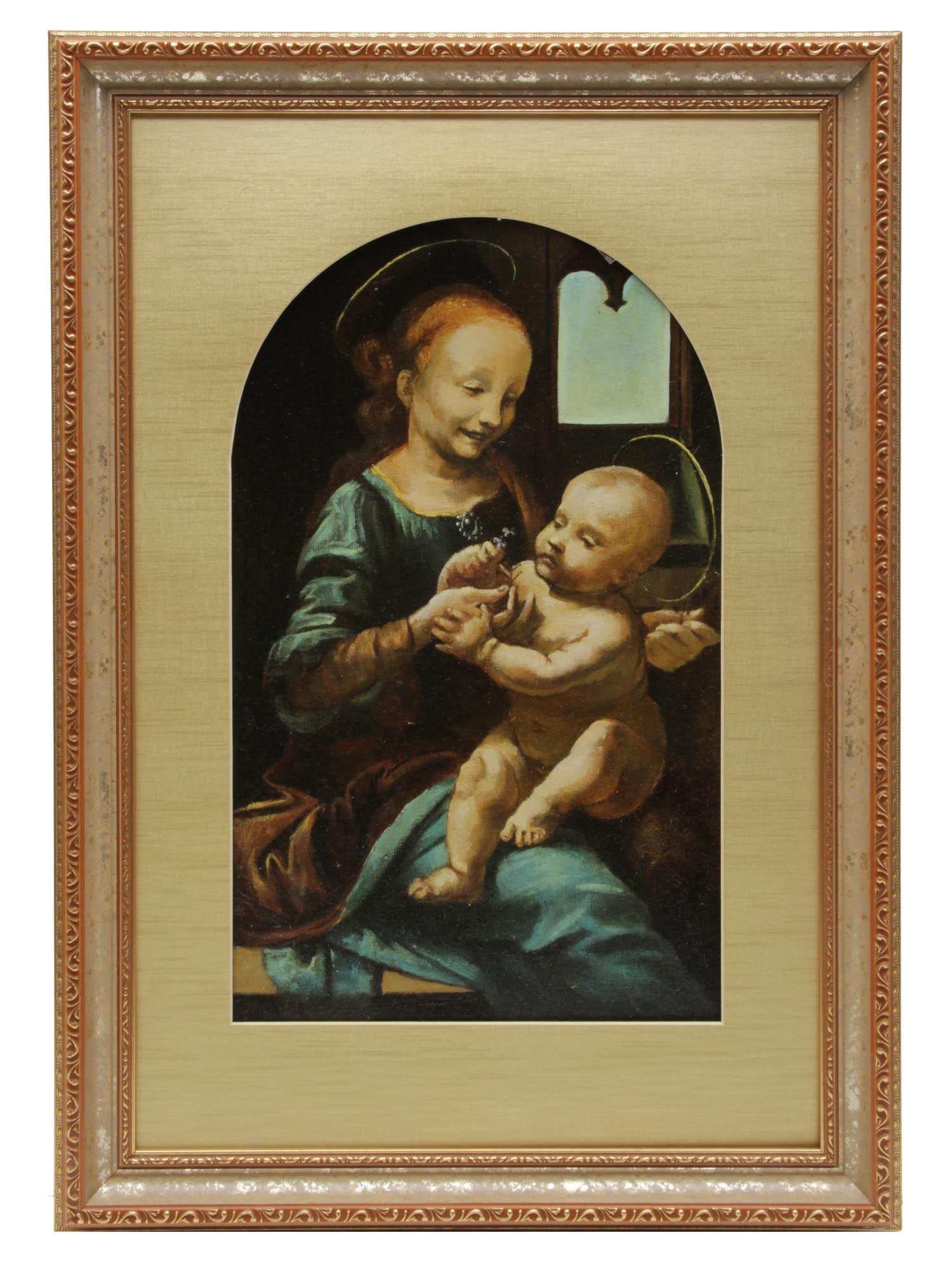 RUSSIAN OIL PAINTING ON CANVAS BY CHUDNOV MADONNA: Vladimir Mikhailovich Chudnov (Russian, born 1953) oil painting on canvas, after Leonardo da Vinci, Benois Madonna or Madonna and Child with Flowers, 2003. Signed and dated by the artist on verso. Fra