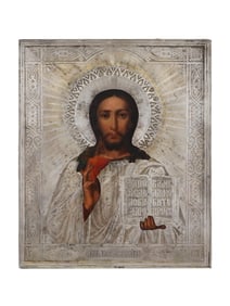 19TH CEN RUSSIAN CHRIST ICON IN 84 SILVER OKLAD