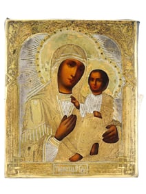 ANTIQUE RUSSIAN ICON VIRGIN OF TIKHVIN IN SILVER RIZA